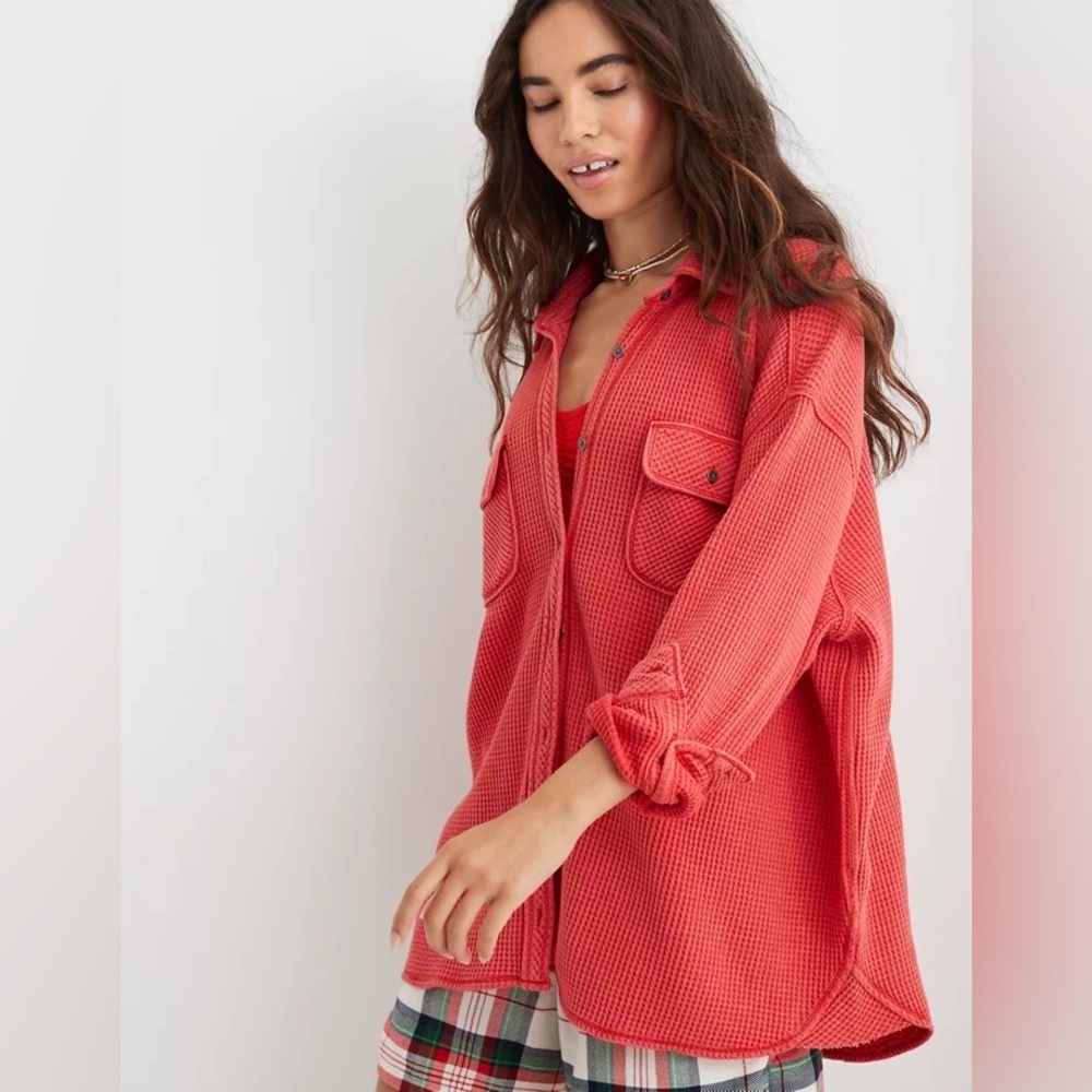 Aerie Lumberjane Waffle Shirt Shacket in Holiday Red